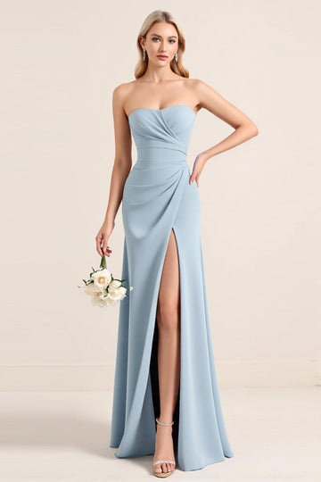 Stretch Satin Dusty Blue Strapless Sheath Long Bridesmaid Dress with Slit